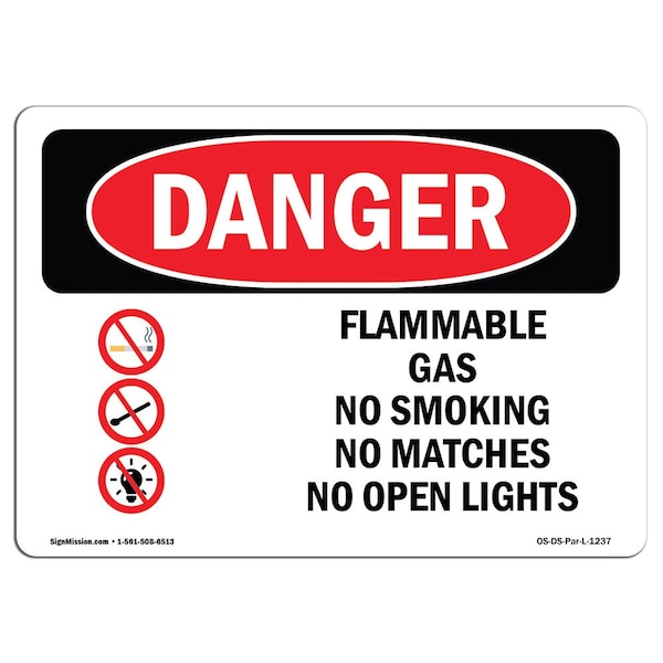 OSHA Sign, Flammable Gas No Smoking Matches, 18in X 12in Rigid Plastic, 12" W, 18" L, Landscape